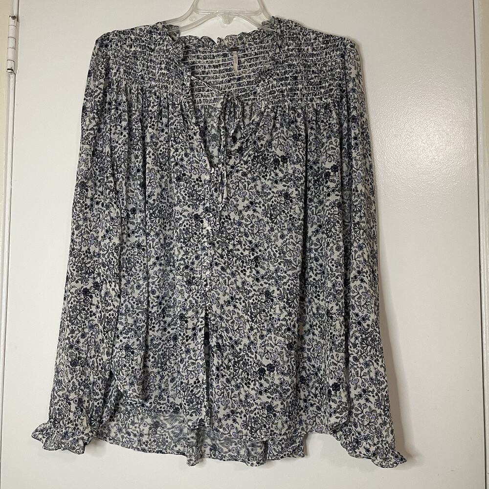 Free People Long Sleeve Floral Smocked Blouse Blue ivory Size Large
